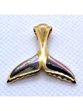 Kabana 14K 585 Yellow Gold Tail Mother of Pearl Inlay Whale Tail Pendant